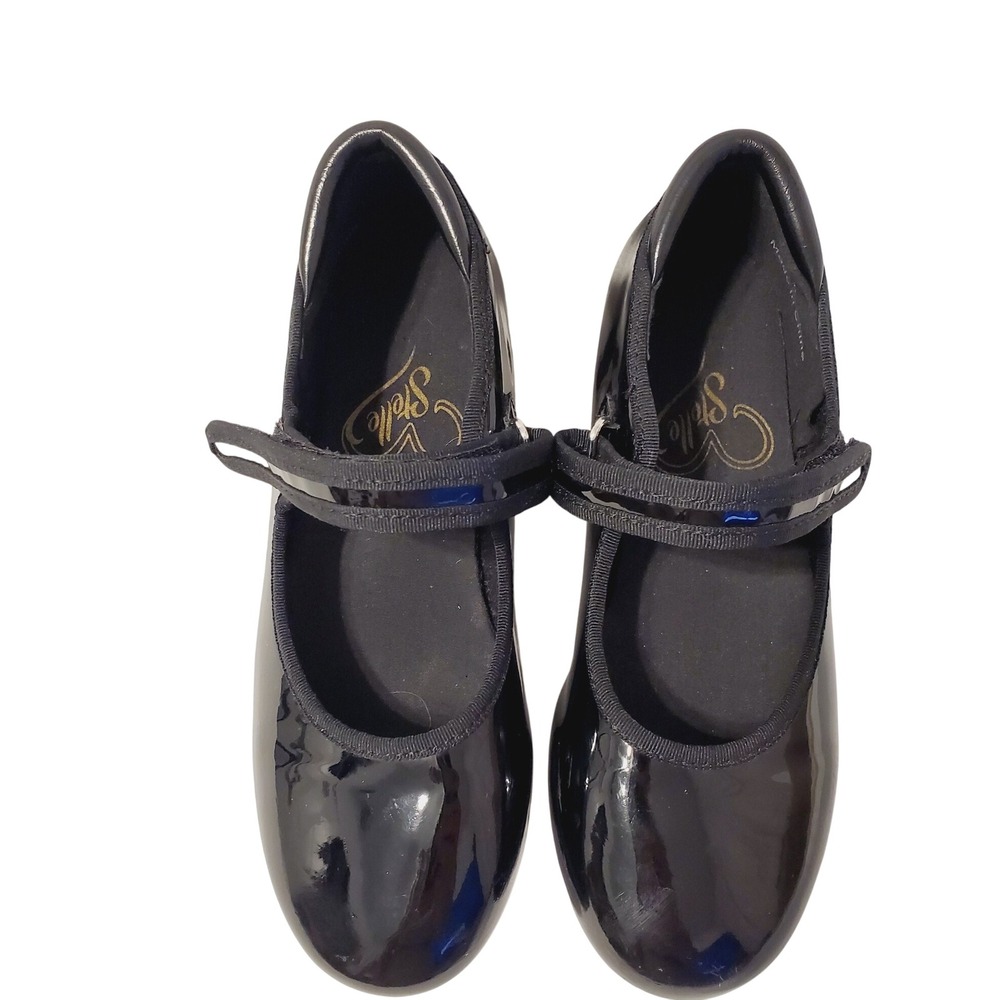 Stelle Girls Sz 11 Black Patent Tap Shoes Mary Jane Dance Shoes Hook Loop Strap